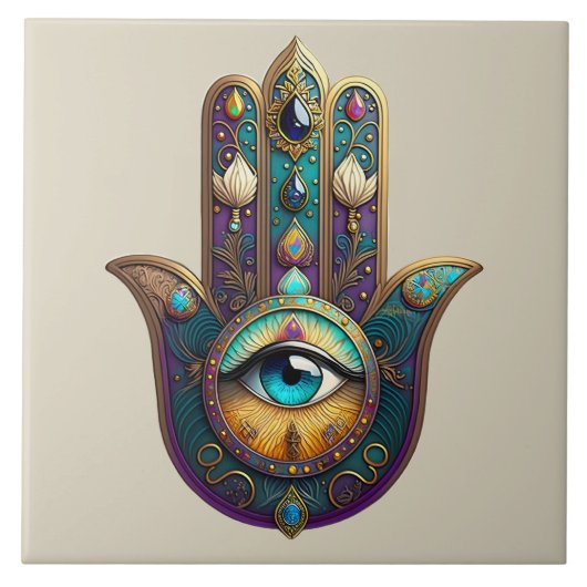 Gold Violet Teal Hamsa w/ Turquoise Third Eye Fliese (Vorderseite)