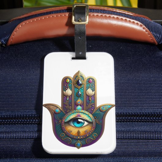 Gold Violet Teal Hamsa w/ Turquoise Third Eye Gepäckanhänger (Vorderseite Insitu 2)
