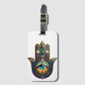 Gold Violet Teal Hamsa w/ Turquoise Third Eye Gepäckanhänger (Vorderseite Vertikal)