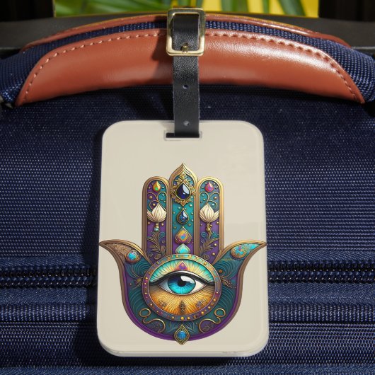 Gold Violet Teal Hamsa w/ Turquoise Third Eye Gepäckanhänger (Vorderseite Insitu 2)