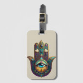 Gold Violet Teal Hamsa w/ Turquoise Third Eye Gepäckanhänger (Vorderseite Vertikal)