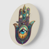 Gold Violet Teal Hamsa w/ Turquoise Third Eye Große Wanduhr (Winkel)