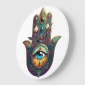 Gold Violet Teal Hamsa w/ Turquoise Third Eye Große Wanduhr (Winkel)