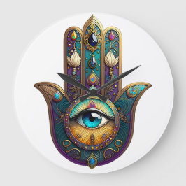 Gold Violet Teal Hamsa w/ Turquoise Third Eye Große Wanduhr