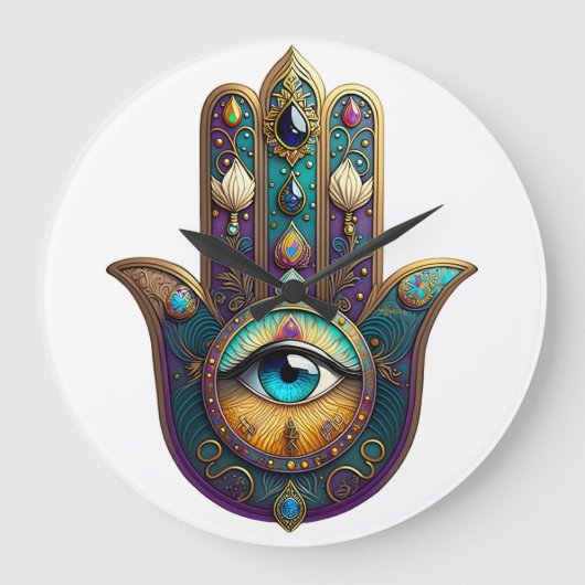 Gold Violet Teal Hamsa w/ Turquoise Third Eye Große Wanduhr (Vorderseite)