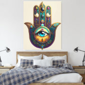 Gold Violet Teal Hamsa w/ Turquoise Third Eye Leinwanddruck (Insitu (Schlafzimmer))