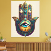 Gold Violet Teal Hamsa w/ Turquoise Third Eye Leinwanddruck (Insitu (Wohnzimmer))