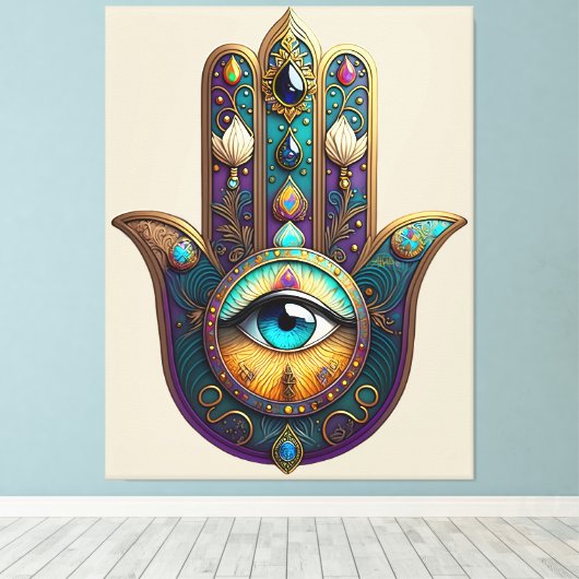 Gold Violet Teal Hamsa w/ Turquoise Third Eye Leinwanddruck (Insitu (Holzboden))