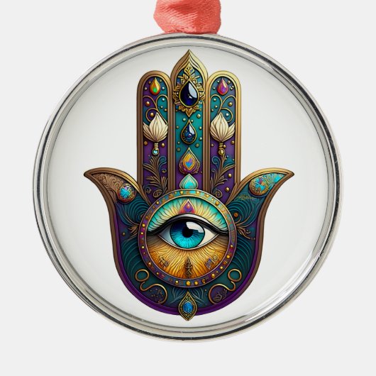 Gold Violet Teal Hamsa w/ Turquoise Third Eye Ornament Aus Metall (Vorne)