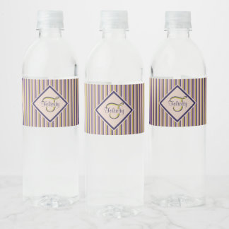 Gold, Violett, Lila und Rosa Streifen Monogramm Wasserflaschenetikett
