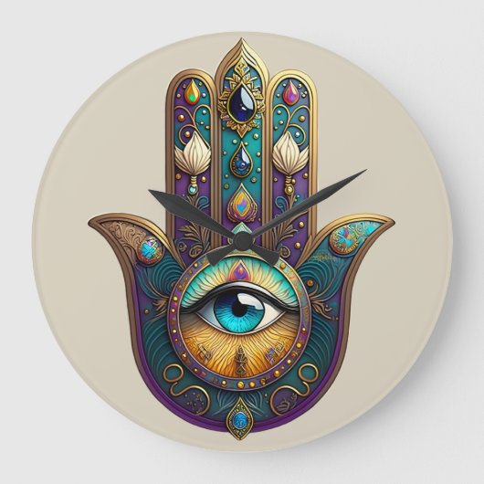Gold Violett Türkis Hamsa m/ Türkis Drittes Auge Große Wanduhr (Vorderseite)