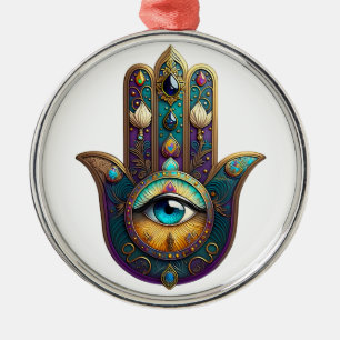 Gold Violett Türkis Hamsa m. Türkisem Dritten Auge Ornament Aus Metall