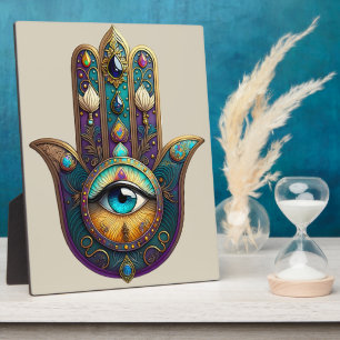 Gold Violett Türkis Hamsa mit Türkis drittem Auge Fotoplatte