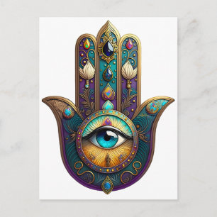 Gold Violett Türkis Hamsa mit Türkis Drittes Auge Postkarte