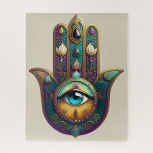 Gold Violett Türkis Hamsa mit Türkis Drittes Auge Puzzle