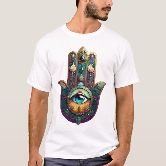 Gold Violett Türkis Hamsa mit Türkis Drittes Auge T-Shirt (Vorderseite)