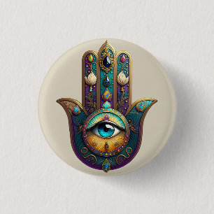 Gold Violett Türkis Hamsa mit Turmalin Drittes Aug Button