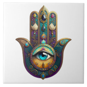 Gold Violett Türkis Hamsa mit Turquoise Third Eye Fliese