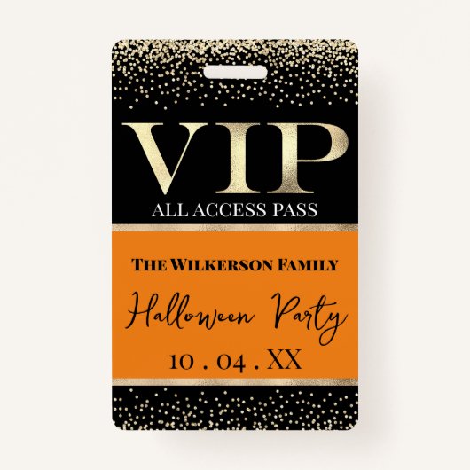 Gold VIP für Orange und Schwarzes Halloween-Party Ausweis (Vorderseite)