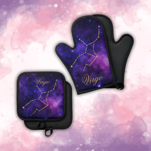 Gold-Virgo-Sternbild auf der dunklen Galaxie Ofenhandschuh & Topflappen-Set