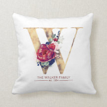 Gold W Monogram Floral Burgund Red and Navy Blue