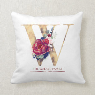 Gold W Monogram Floral Burgund Red and Navy Blue Kissen