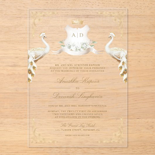 Gold Wappen Royal Indian White Peacock Wedding Acryleinladungen (Vorderseite)