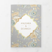 Gold Wappen Royal Indian White Peacock Wedding Dreifach Gefaltete Einladung (Cover)