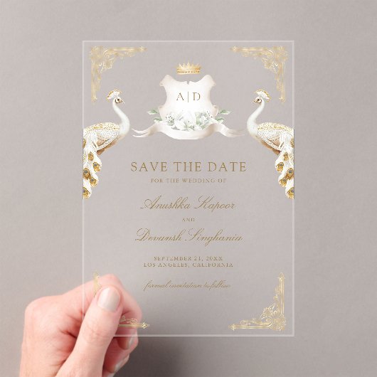 Gold Wappen White Peacock Wedding Save the Date Acryleinladungen (Insitu (Handheld))