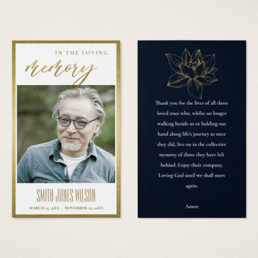 GOLD WASSER LILY FLORAL MEMORIRAL FOTO PRAYER CARD (Vorne & Hinten)