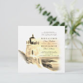 Gold Watercolor Beach Lighthouse Landschaft Hochze Einladung (Stehend Vorderseite)