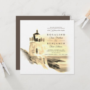 Gold Watercolor Beach Lighthouse Landschaft Hochze Einladung