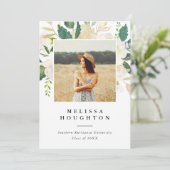 Gold & Watercolor Blume Foto Graduation Party Einladung (Stehend Vorderseite)