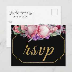 Gold Watercolor Floral Black Wedding RSVP Postkarte