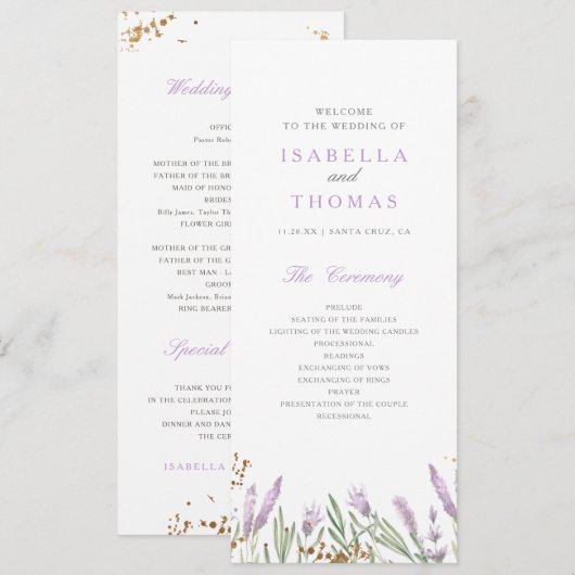 Gold & Watercolor Lavendel Hochzeitsprogramm (Vorne/Hinten)