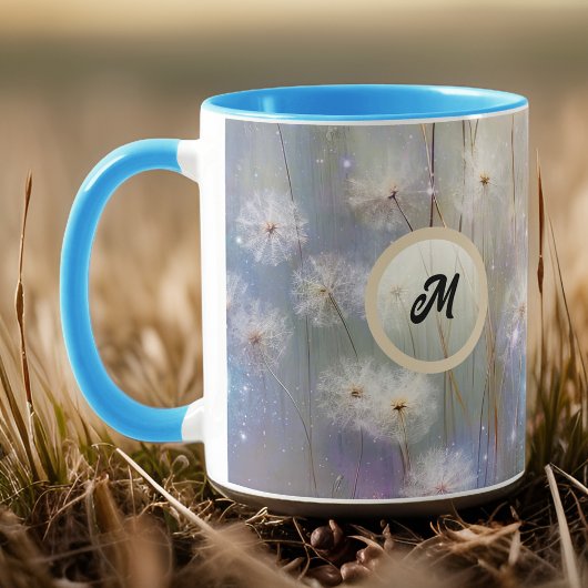 Gold Watercolor Look Dandelions Initial Monogram Tasse