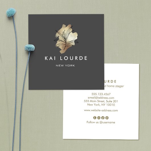 Gold Watercolor Pflanze Dark Gray Business Card Quadratische Visitenkarte