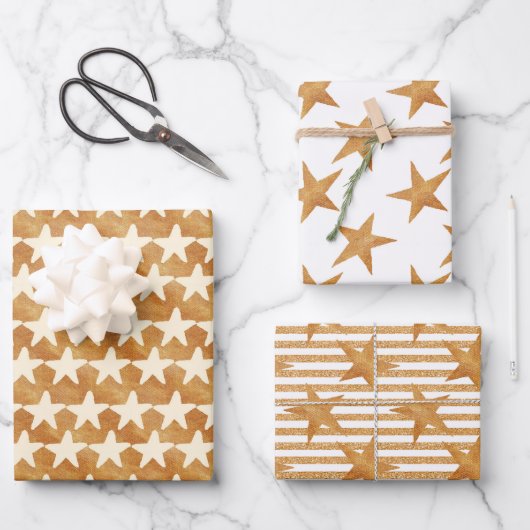 Gold Watercolor Stars Weihnachten Geschenkpapier Set (Vorderseite)