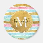 Gold Watercolor Stripes Monogram Magnet (Vorne)