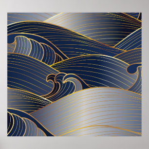 Gold Wave Lines, Abstrakt Vintag. Poster