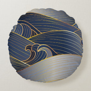 Gold Wave Lines, Abstrakt Vintag. Rundes Kissen