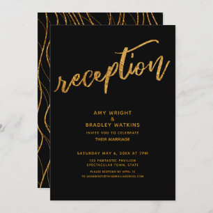 Gold Waves & Handwriting Black Wedding Reception Einladung