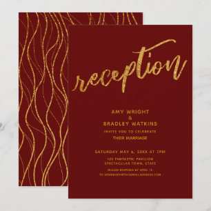 Gold Waves Handwriting Burgundy Wedding Reception Einladung