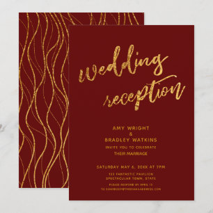 Gold Waves Handwriting Burgundy Wedding Reception Einladung