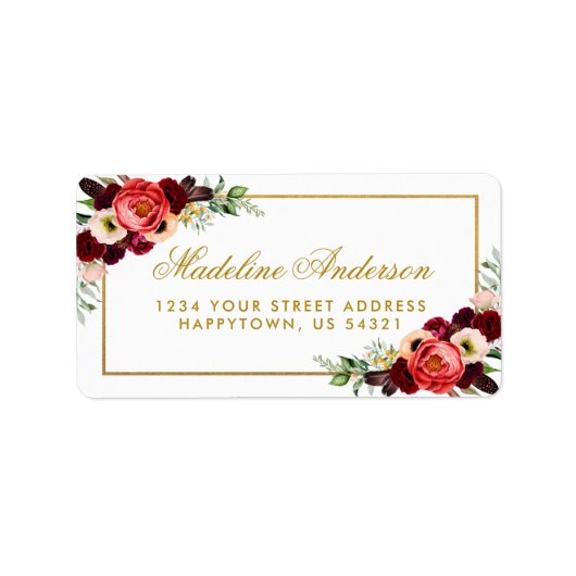 Gold Wedding Burgundy Floral Boho Adresse Adressaufkleber (Vorne)