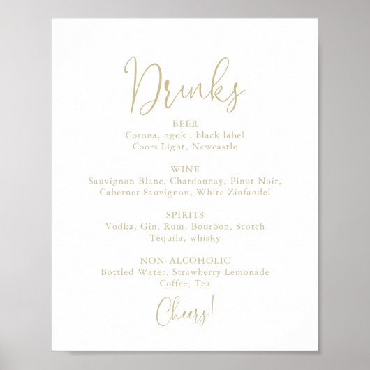 Gold Wedding Drinks Menü Extravagantes Skriptzeich Poster (Vorne)