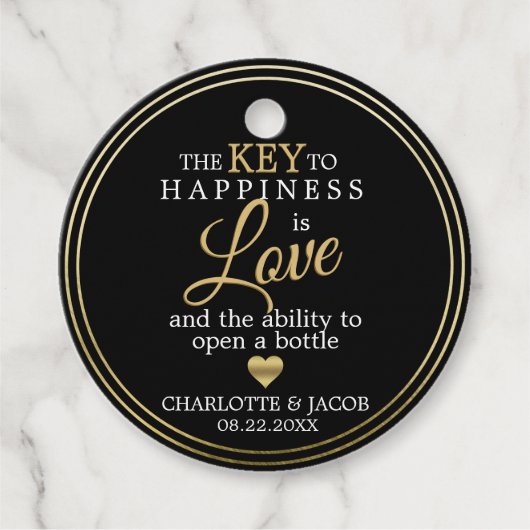 GOLD Wedding Key to Happy ist LIEBE Open Flasche Geschenkanhänger (Vorderseite)