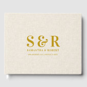 Gold Wedding Monogram Beige Linen Gästebuch (Vorderseite)