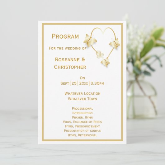 Gold Wedding Program Butterfys Herz Programm (Stehend Vorderseite)