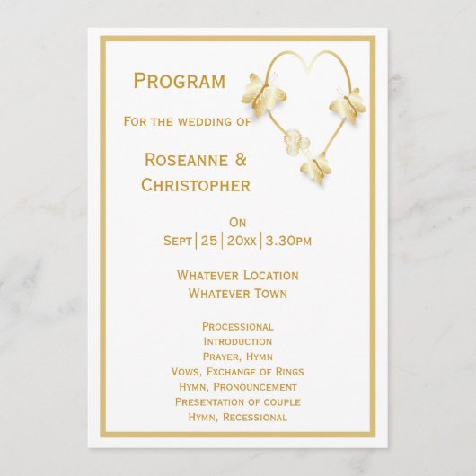 Gold Wedding Program Butterfys Herz Programm (Vorderseite)